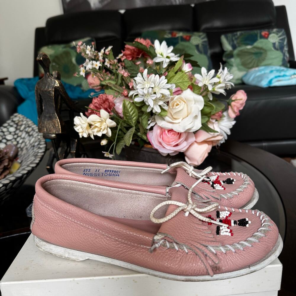 VINTAGE | MINNETONKA Moccasins Pink Grained Leather Flat Shoes Size 11
